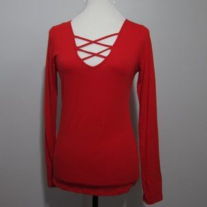 Heart & Hips Criss Cross Top L Red Long Sleeve V-Neck New